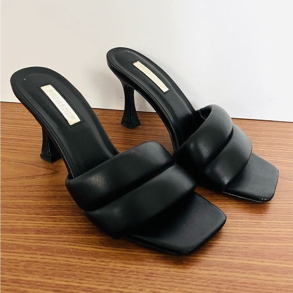 Black Faux Leather Slip On Mule Heels with Cushion Strap | Size 9 | BRAND NEW - Picture 2 of 5